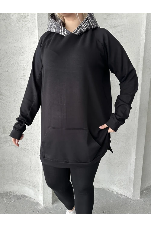 Büyük Beden Uzun Kollu Kapüşonlu Kanguru Cepli Yanları Yırtmaçlı Sweatshirt 300372