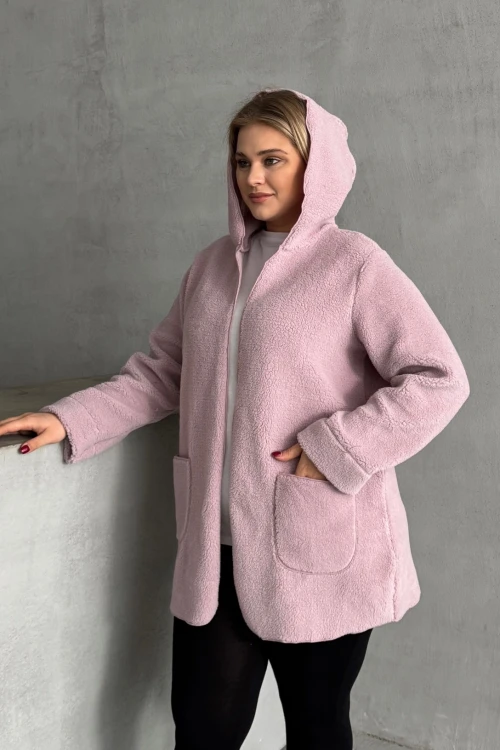 Büyük Beden Uzun Kollu Kapüşonlu Önü Kapamasız Cepli Peluş Ceket 97-14