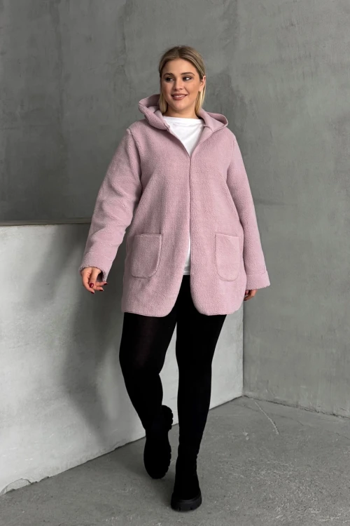Büyük Beden Uzun Kollu Kapüşonlu Önü Kapamasız Cepli Peluş Ceket 97-14
