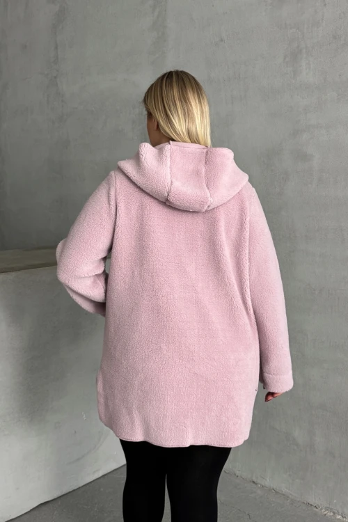 Büyük Beden Uzun Kollu Kapüşonlu Önü Kapamasız Cepli Peluş Ceket 97-14
