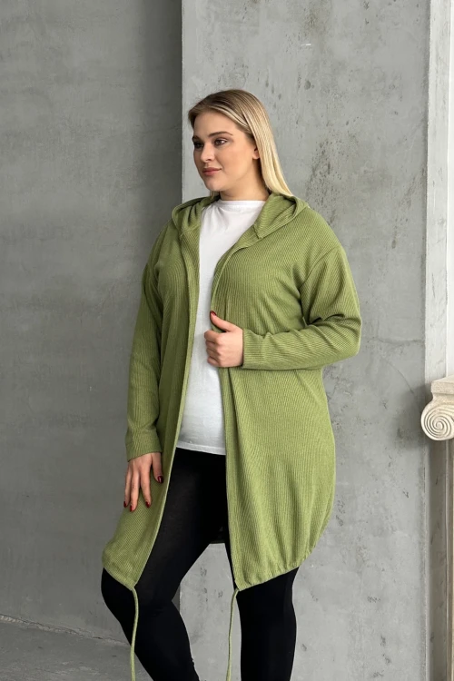 Büyük Beden Uzun Kollu Kapüşonlu Önü Kapamasız Fitilli Hırka 74-136