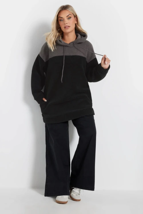 Büyük Beden Uzun Kollu Kapüşonlu ve Cepli Peluş Sweatshirt 303790