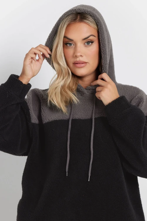 Büyük Beden Uzun Kollu Kapüşonlu ve Cepli Peluş Sweatshirt 303790