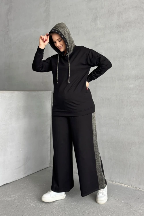 Büyük Beden Uzun Kollu Kapüşonu Desenli Beli Lastikli Sweatshirt 106-73