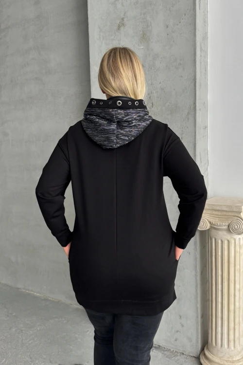 Büyük Beden Uzun Kollu Kapüşonu Desenli Cepli Sweatshirt 106-92