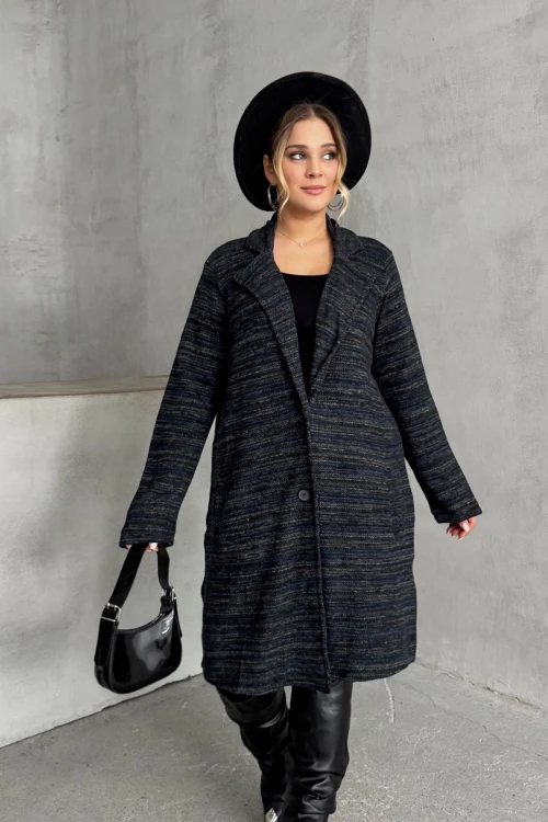 Büyük Beden Uzun Kollu Önü Düğmeli Cepli Uzun İnce Ceket 301800