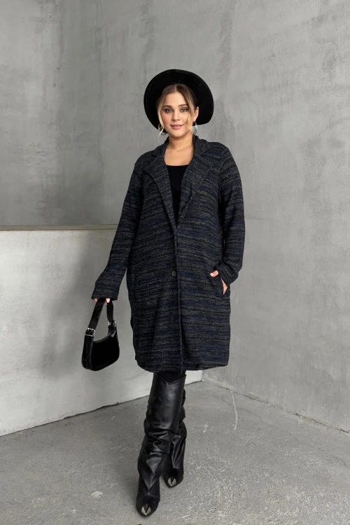 Büyük Beden Uzun Kollu Önü Düğmeli Cepli Uzun İnce Ceket 301800