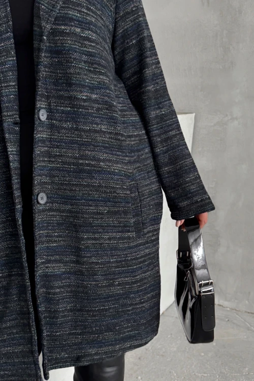 Büyük Beden Uzun Kollu Önü Düğmeli Cepli Uzun İnce Ceket 301800