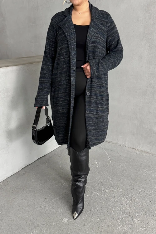 Büyük Beden Uzun Kollu Önü Düğmeli Cepli Uzun İnce Ceket 301800