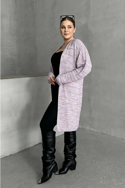 Büyük Beden Uzun Kollu Önü Kapamasız İnce Örme Hırka 302300