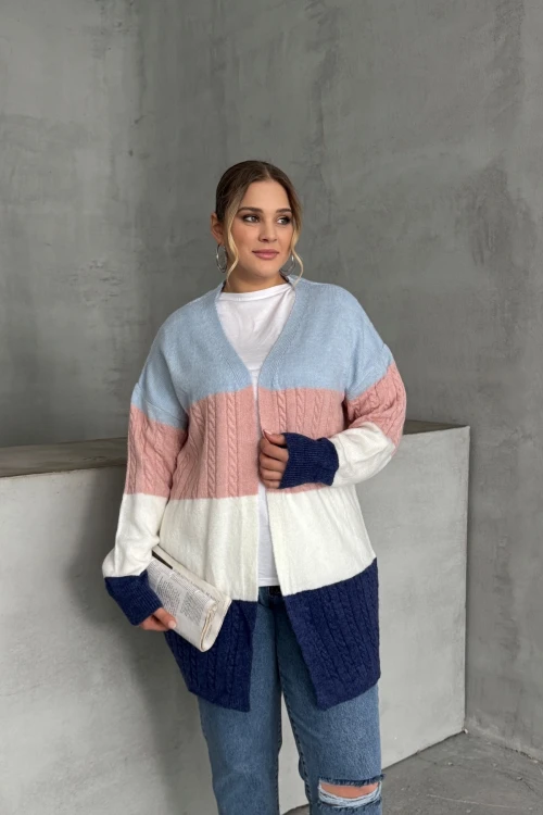 Büyük Beden Uzun Kollu Önü Kapamasız Renk Bloklu Triko Hırka 302147