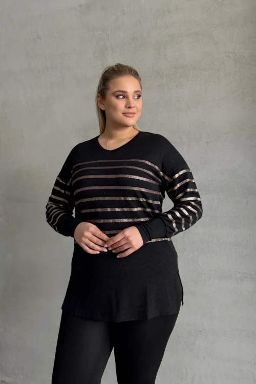 Büyük Beden Uzun Kollu V Yaka Bilekleri Lastikli Bluz 302910