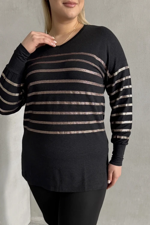 Büyük Beden Uzun Kollu V Yaka Bilekleri Lastikli Bluz 302910