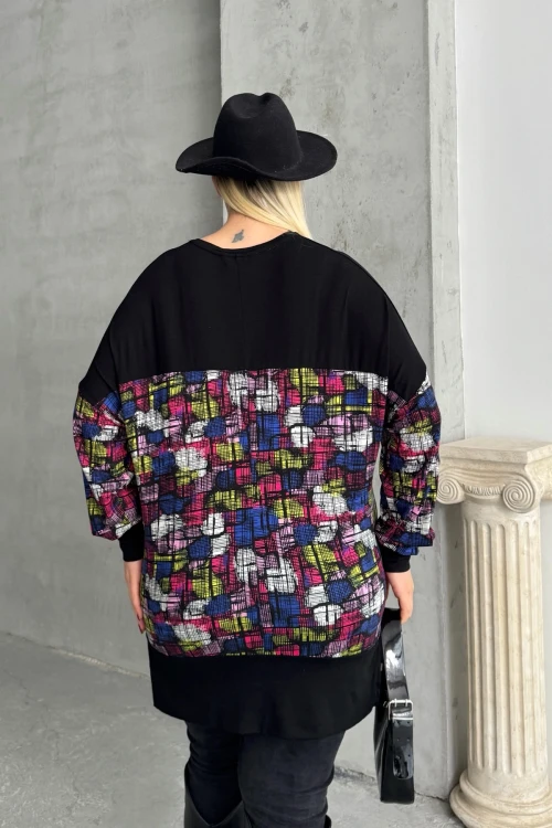 Büyük Beden Uzun Kollu V Yaka Yanı Yırtmaçlı Desenli Bluz 89-45