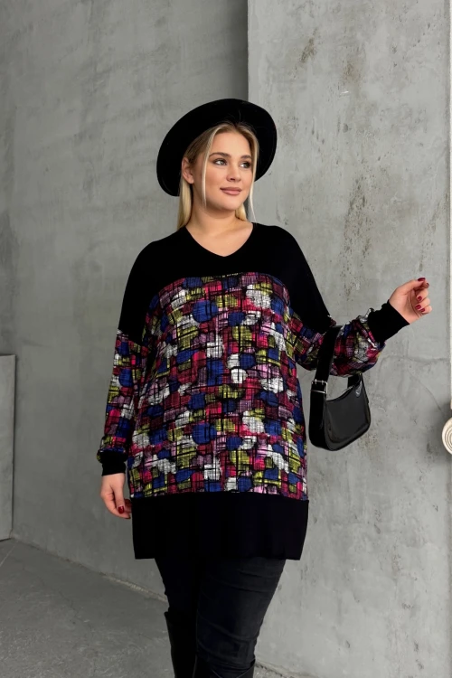 Büyük Beden Uzun Kollu V Yaka Yanı Yırtmaçlı Desenli Bluz 89-45