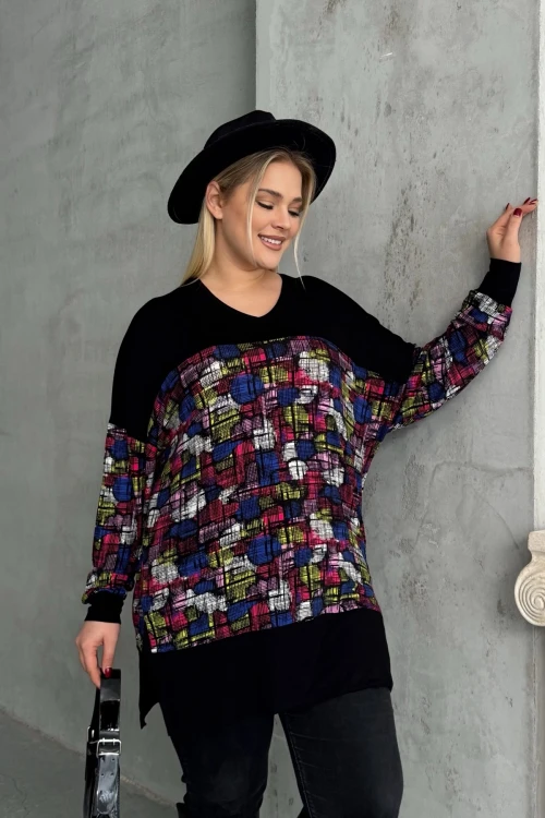 Büyük Beden Uzun Kollu V Yaka Yanı Yırtmaçlı Desenli Bluz 89-45