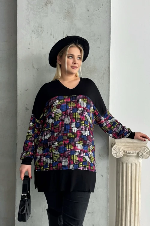 Büyük Beden Uzun Kollu V Yaka Yanı Yırtmaçlı Desenli Bluz 89-45