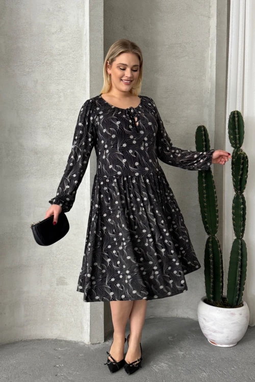 Büyük Beden Uzun Kollu Yakası Bağlama Detaylı Desenli Elbise 100-73