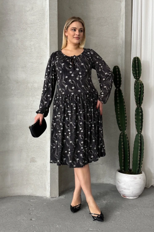 Büyük Beden Uzun Kollu Yakası Bağlama Detaylı Desenli Elbise 100-73