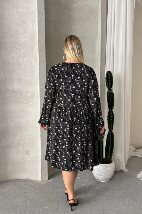 Büyük Beden Uzun Kollu Yakası Bağlama Detaylı Desenli Elbise 100-73