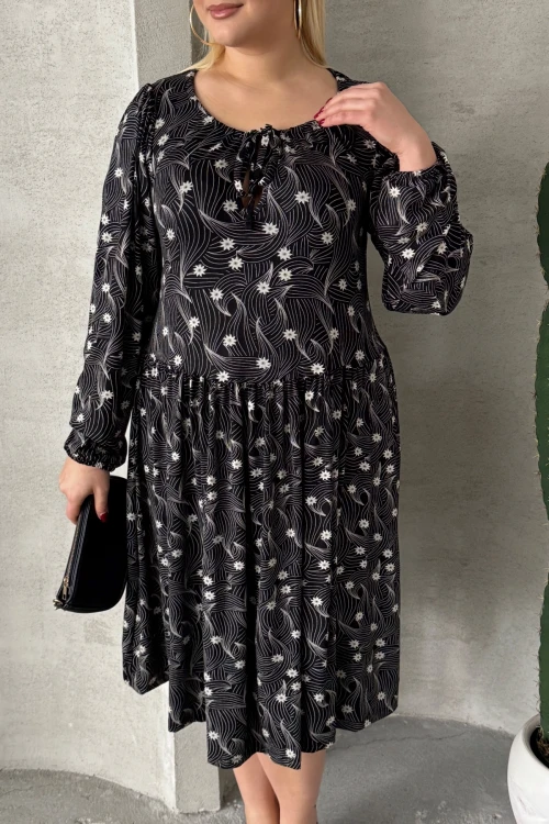 Büyük Beden Uzun Kollu Yakası Bağlama Detaylı Desenli Elbise 100-73