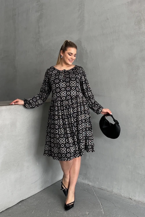 Büyük Beden Uzun Kollu Yakası Bağlamalı Eteği Pileli Elbise 100-75