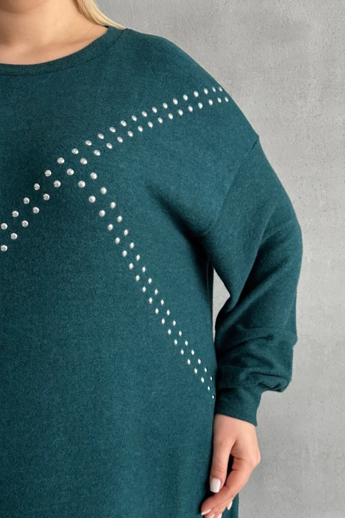 Büyük Beden Uzun Kollu Yumuşak Dokulu Taş İşlemeli Triko Elbise 285040