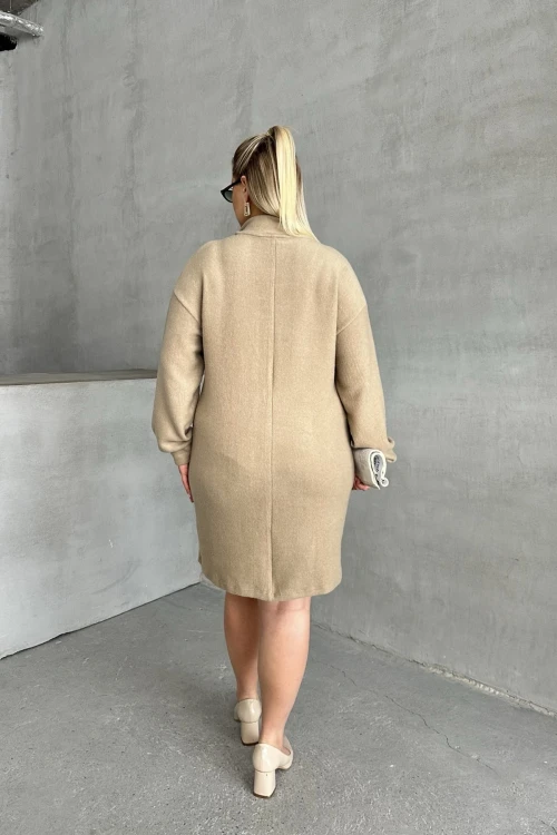 Büyük Beden Uzun Kollu Yumuşak Dokulu Yakası Fermuarlı Triko Elbise 106-37