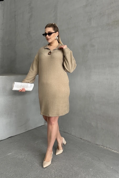 Büyük Beden Uzun Kollu Yumuşak Dokulu Yakası Fermuarlı Triko Elbise 106-37