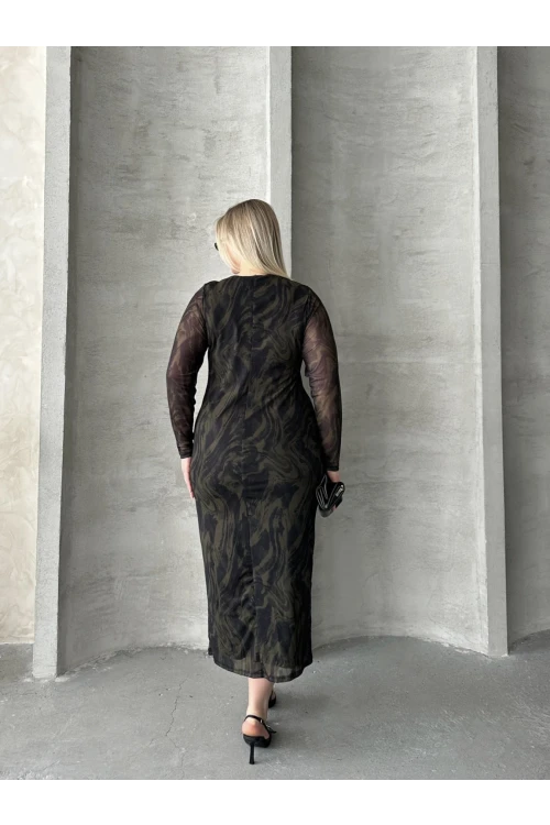 Büyük Beden Uzun Tül Kol Astarlı Mesh Midi Elbise 216292