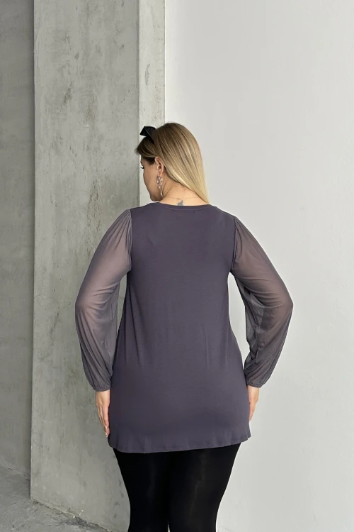 Büyük Beden Uzun Tül Kol Önü Taş İşlemeli Bisiklet Yaka Bluz 321850-U