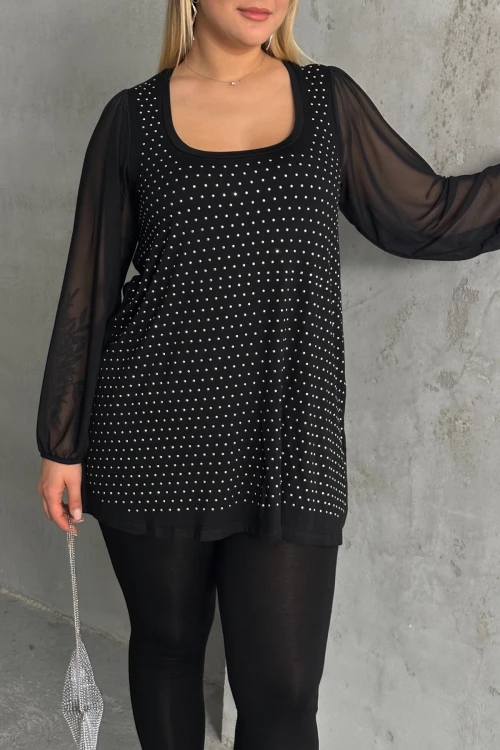 Büyük Beden Uzun Tül Kol Önü Taş İşlemeli Bisiklet Yaka Bluz 321831-U