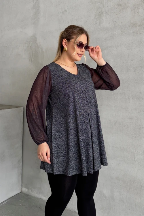 Büyük Beden Uzun Tül Kol V Yaka Bilekleri Lastikli Simli Bluz 78-132