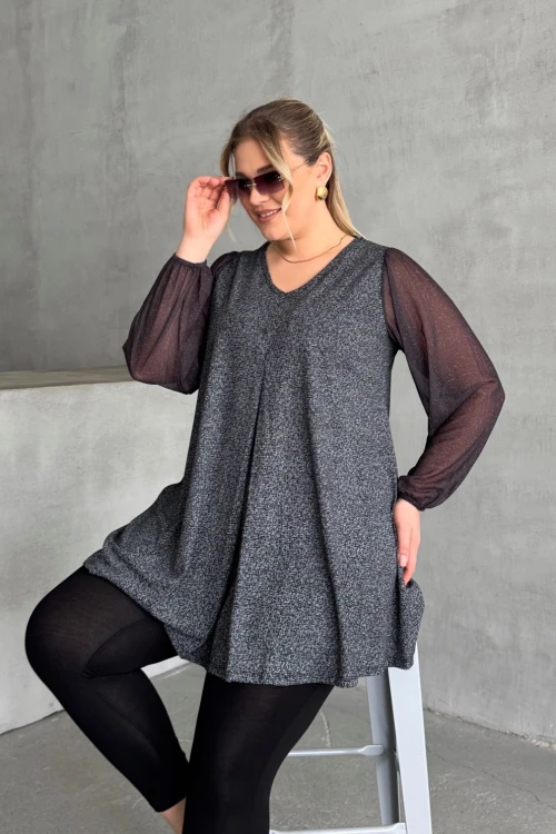 Büyük Beden Uzun Tül Kol V Yaka Bilekleri Lastikli Simli Bluz 78-132