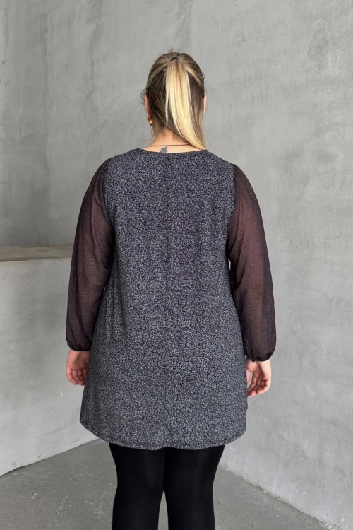 Büyük Beden Uzun Tül Kol V Yaka Bilekleri Lastikli Simli Bluz 78-132