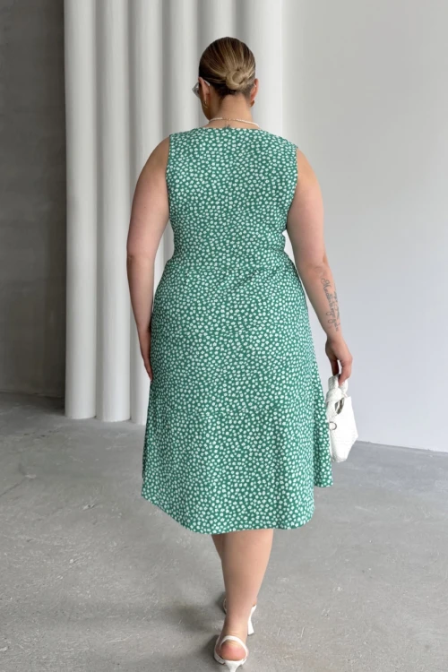 Büyük Beden V Yaka Beli Lastikli Çiçek Desenli Elbise 300916