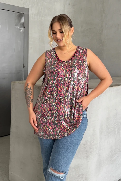 Büyük Beden V Yaka Desenli Payet İşlemeli Kolsuz Bluz 302386