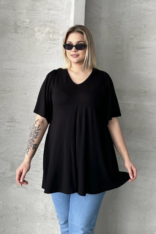 Büyük Beden V Yaka Desensiz Asimetrik Kesim Likralı Bluz 320315