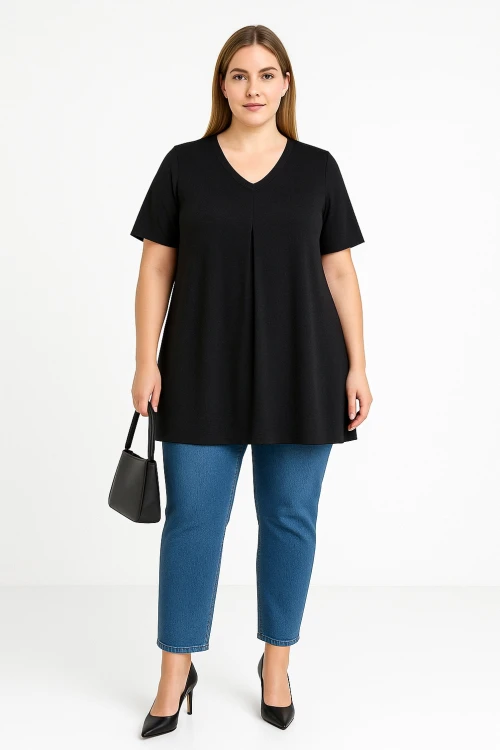 Büyük Beden V Yaka Desensiz Asimetrik Kesim Likralı Bluz 320315