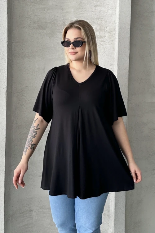 Büyük Beden İkili Paket V Yaka Desensiz Asimetrik Kesim Likralı Bluz 320315x2