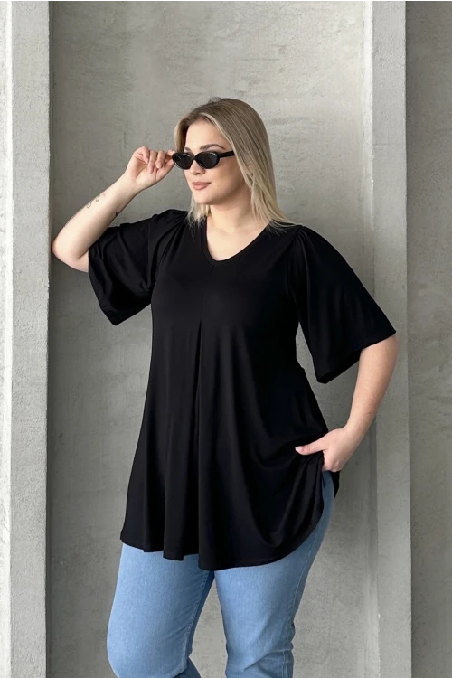 Büyük Beden İkili Paket V Yaka Desensiz Asimetrik Kesim Likralı Bluz 320315x2