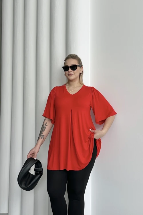 Büyük Beden V Yaka Desensiz Asimetrik Kesim Likralı Bluz MDL-5