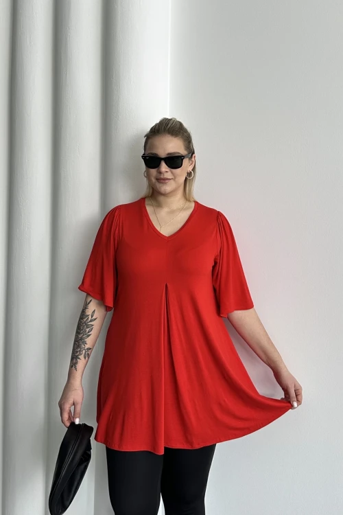 Büyük Beden V Yaka Desensiz Asimetrik Kesim Likralı Bluz MDL-5