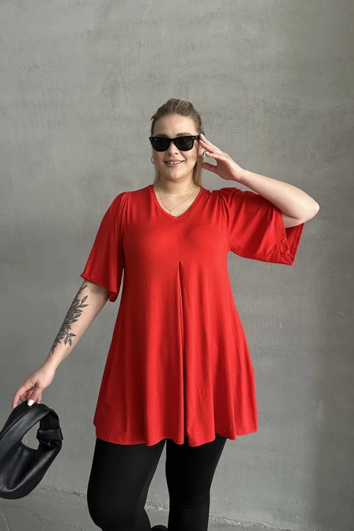 Büyük Beden V Yaka Desensiz Asimetrik Kesim Likralı Bluz MDL-5