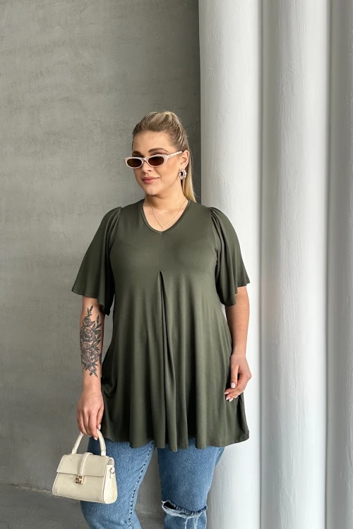 Büyük Beden V Yaka Desensiz Asimetrik Kesim Likralı Bluz MDL-4