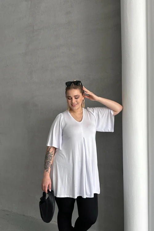 Büyük Beden V Yaka Desensiz Asimetrik Kesim Likralı Bluz MDL-2