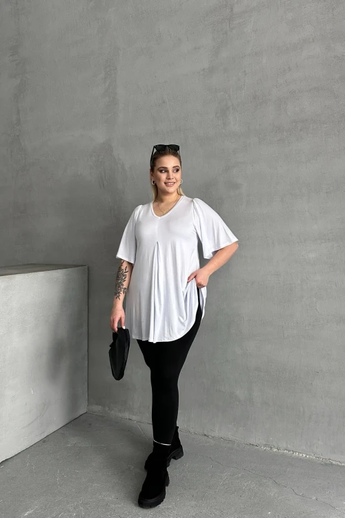 Büyük Beden V Yaka Desensiz Asimetrik Kesim Likralı Bluz MDL-2