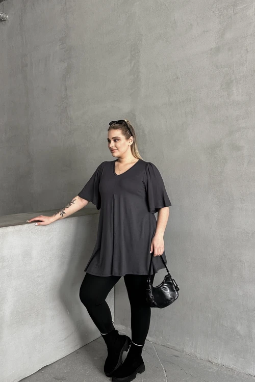 Büyük Beden V Yaka Desensiz Asimetrik Kesim Likralı Bluz MDL-3