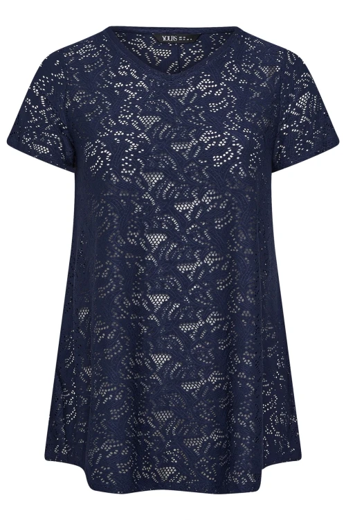 Büyük Beden V Yaka Kısa Kollu Astarsız Dantel T-shirt 304095