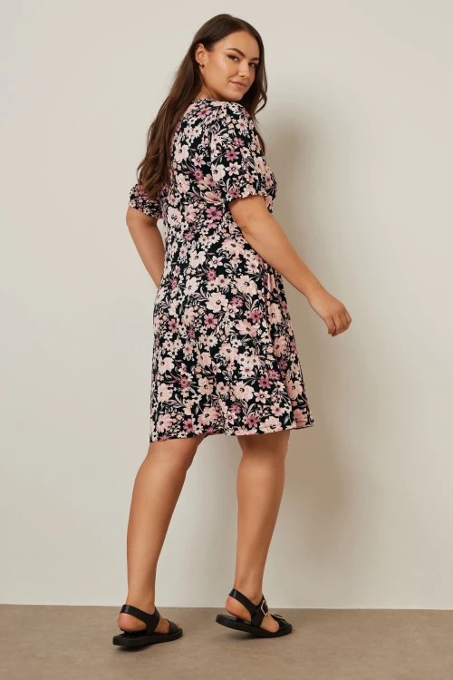 Büyük Beden V Yaka Kısa Kollu Çiçek Desenli Mini Elbise 137983